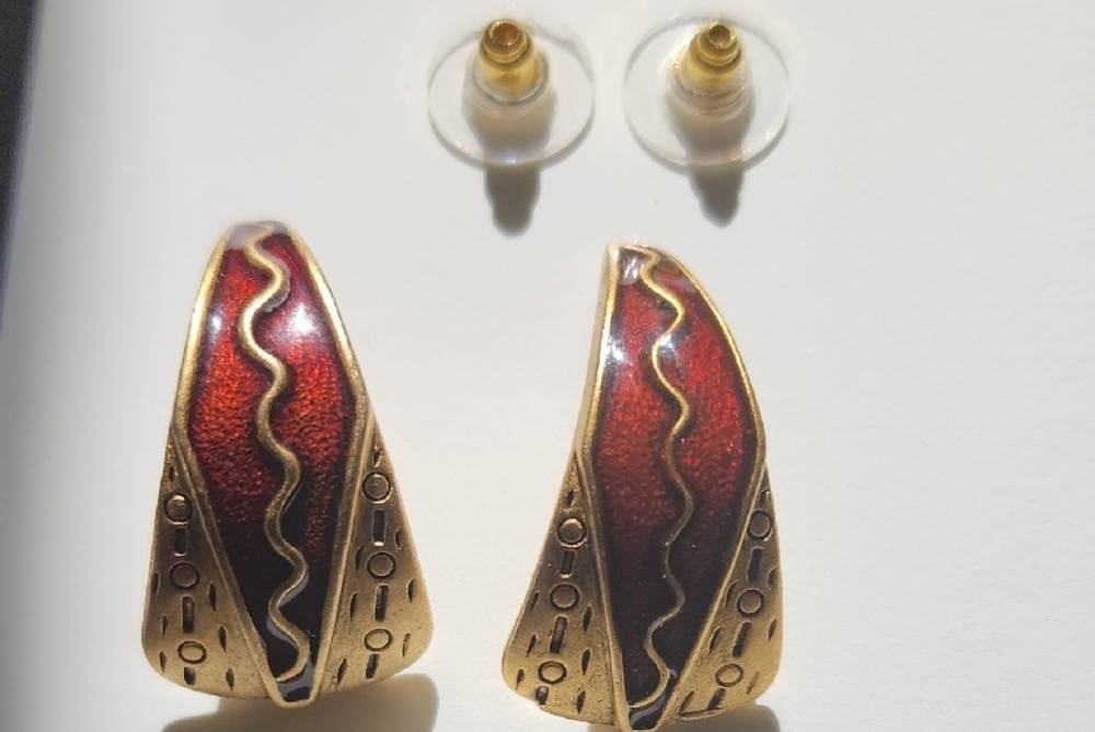 Vintage Gold and Brown Enameled Crescent Earrings with Intricate Detailing
